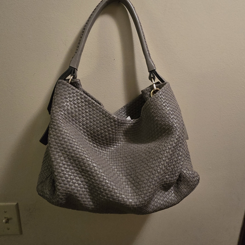 COLE HAAN Gray Genuine LEATHER Woven Look Women's Bag Very Good Condition